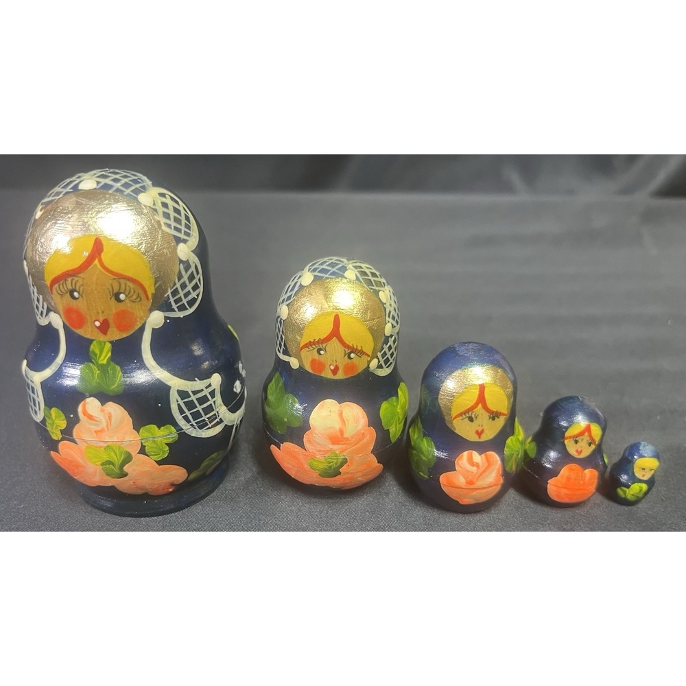 Vintage Russian Matryoshka Nesting Dolls 5pc Blue Floral‎ Hand Painted Wooden